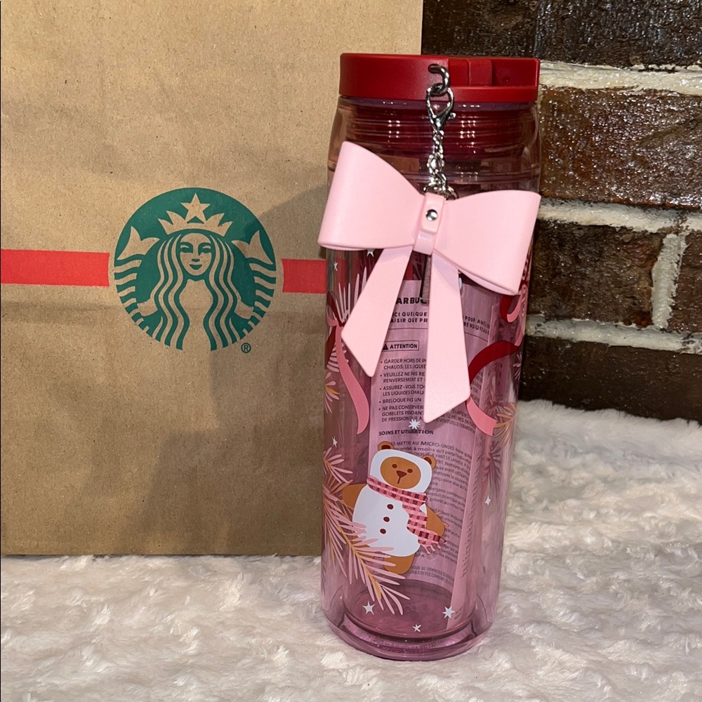 Starbucks NEW!! Ltd Ed Bearista 16oz Festive Pink Tumbler with Bow charm